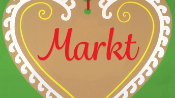 Gezeichnetes Lebkuchenherz auf grünem Hintergrund. Im Herzen steht 