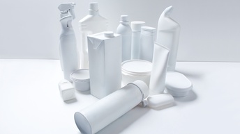 Vektor-Illustration eines hellen Hintergrunds, auf dem verschiedene weiße Verpackungen sind in Form von Tetrapack, Flaschen, Dosen oder Gläschen