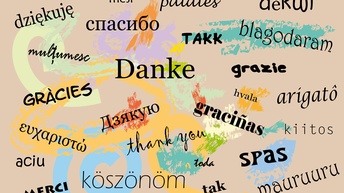 Illustration eines hellbraunen Hintergrunds, auf dem verschiedene Wörter in schwarzer Schrift stehen, zum Beispiel grazie, kiitos, tak, merci, aciu, gracies, danke, mèsi, dziekuje