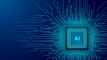 Blaue Illustration einer Platine mit den Buchstaben AI von der Netzwerklinien verlaufen