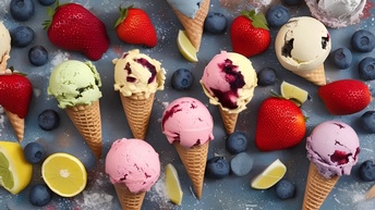 Verschiedene Waffeltüten mit Eiskugeln, dazwischen Zitronen, Erdbeeren, Schwarzbeeren und Zucker nebeneinander platziert