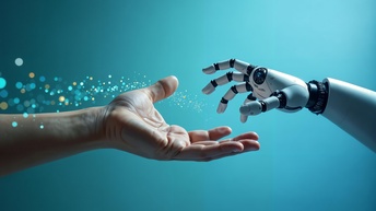 Eine menschliche Hand, die sich einer Roboterhand nähert, umgeben von funkelnden Lichteffekten.