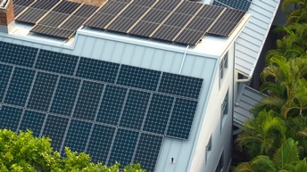 Hausdächer mit Solarpanelen in Vogelperspektive umgeben von Pflanzen