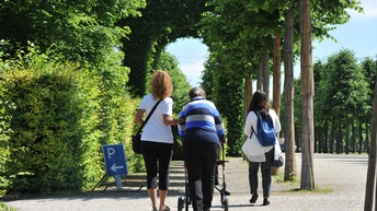 Rückenansicht dreier Personen, die auf einem Schotterweg gehen. Die mittlere Person hat vor sich einen Rollator. Die linke Person stützt diese am Arm. Links von ihnen sind grüne Büsche. Rechts von ihnen sind grüne Bäume.