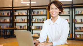 Porträt einer lächelnden Person mit kurzen, braunen Haaren und hellem Hemd, die an einem Tisch sitzt. Vor ihr steht ein aufgeklappter Laptop. Im Hintergrund steht ein langes Bücherregal mit Büchern an der Wand