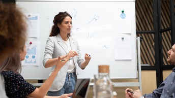 Person steht vor einem Whiteboard und erklärt etwas vor anderen Personen am Tisch