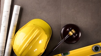 Bauhelm, Wasserwaage, Pläne und Richterhammer auf Steinfliesen, Vogelperspektive, Topview