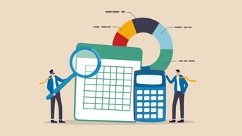 Vektorgrafik Collage für Finanzen mit Personen, Lupe, Raster, Taschenrechner und buntem Diagramm