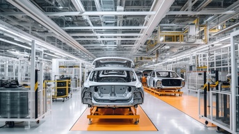 Futuristische Elektroautofabrik. Auto beim Zusammenbau in einer modernen Fabrikhalle
