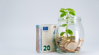 Euromünzen im Glas mit einer Pflanze und Euroscheinen im Hintergrund