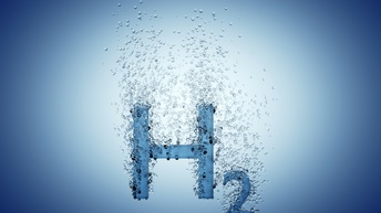 Buchstabe und Zahl H2 in blau auf blauem Hintergrund mit Luftblasen