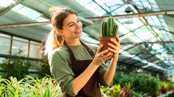 Lächelnde Person in Schürze in Gewächshaus voller Pflanzen stehend hält Kaktus in Topf in Händen und blickt darauf