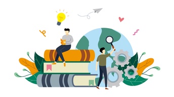 Illustration eines weißen Hintergrunds, auf dem ein Stapel aus drei Büchern ist. Auf dem Stapel sitzt eine Person, die in einem Buch liest. Neben ihr ist eine Glühbirne. Neben dem Stapel ist eine weitere Person, die eine Lupe in die Luft hält