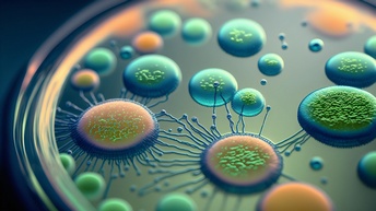 Makroaufnahme von einem Bakterium und einer Viruszelle in einem wissenschaftlichen Labor auf einer Petrischale