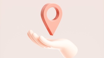 3D Rendering von einer Hand, die ein Standort-Icon-Element hält