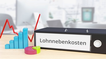 Auf einer hellen Unterfläche liegt ein dunkler Ordner. Auf dem Ordner steht auf der Seite Lohnnebenkosten. Neben dem Ordner sind eine Statistikkurve, ein Tortendiagramm und ein Balkendiagramm