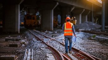 Rückenansicht einer auf Eisenbahngleisen stehenden Person mit oranger Sicherheitsweste und orangem Helm. In der rechten Hand hält sie Papiere. Hinter der Person verläuft quer eine Brücke. Darunter stehen verschiedene Fahrzeuge.