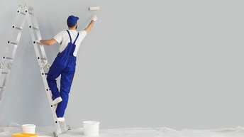 Person in Arbeitskleidung steht auf einer Leiter und malt mit einer Malerrolle eine Wand aus, der Boden ist mit einer Schutzfolie ausgekleidet und darauf stehen Malerutensilien und Farbeimer