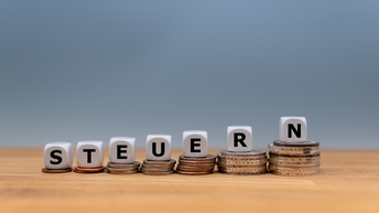 Weiße Würfel mit schwarzen Buchstaben auf höher werdenden Münzstapeln platziert, ergeben Schriftzug Steuern