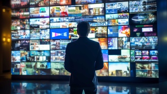 Eine Person steht in Rückenansicht vor einer Wand aus Bildschirmen