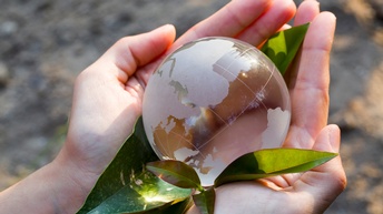 Nahaufnahme von zwei Handflächen, die nebeneinander platziert sind, sodass eine schale geformt wird. In dieser ist eine Weltkugel aus durchsichtigem Material platziert, darunter liegen grüne Blätter. Im Hintergrund sieht man einen erdigen Untergrund. 