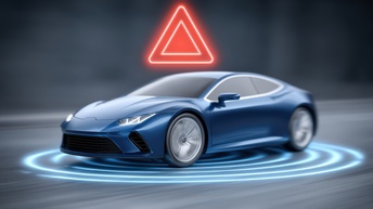 Ein blaues Elektroauto, auf grauem Untergrund, über dem ein rotes Warndreieck abgebildet ist. 