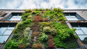Moderne mit Pflanzen begrünte Hausfassade, Nachhaltige Architektur 