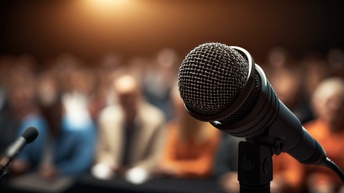 Nahaufnahme eines Mikrofons vor einem Publikum in der Unschärfe