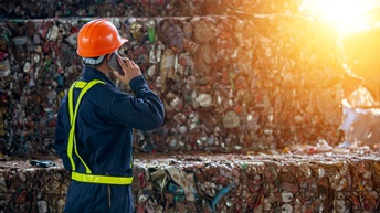 Person mit Schutzkleidung und rotem Schutzhelm steht vor einer Mülldeponie und telefoniert mit einem Smartphone