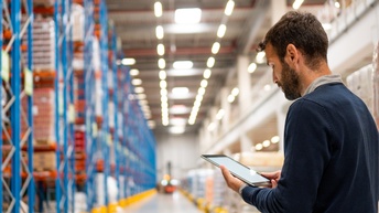 Person blickt auf Tablet in Warenlagerhalle