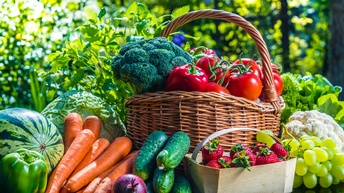 Variation von verschiedenen Obst- und Gemüsesorten lose oder in Gebinden auf einem Tisch im Freien, im Hintergrund grünes Bokeh