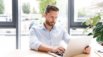Person mit hellblauem Hemd sitzt mit einem Laptop an einem Schreibtisch und arbeitet, während im Hintergrund eine Pflanze bei einer offenen Fensterfront steht
