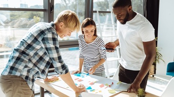 Personen stehen rund um einen Tisch und betrachten einen Projektplan mit Notizen