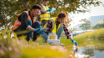 Drei Personen stehen an einer Wasserlacke, ihre Warnwesten dominieren farblich das Bild. Eine hält einen Messbescher ins Gewässer, eine ein Tablet. Man sieht einen Koffer aus Metall und Reagenzgläser. Die Natur im Hintergrund ist verschwommen. 