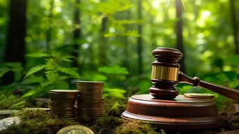 Richterhammer aus Holz auf Holzfläche aufschlagend, umgeben von Münzen in Wald