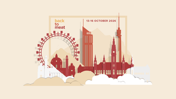 Grafik Wien, Riesenrad, Karlskirche und Rathaus, dahinter Skyline. Schriftzug: back to meat, 13 - 16 October 2026