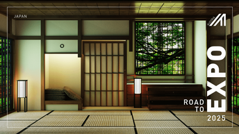 Innenausstattung eines Raumes in Japan mit drei Fenstern