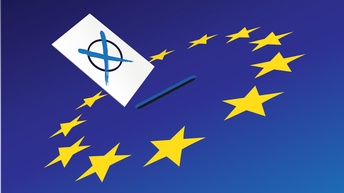 Illustration: Gelbe Sterne in Kreisanordnung auf dunkelblauem Hintergrund, in der Mitte Schlitz, darüber Zettel mit blauem X in schwarzem Kreis