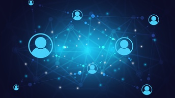 Mehrere runde hellblau leuchtende Icons von Personen in unterschiedlichen Größen durch leuchtende Linien verbunden