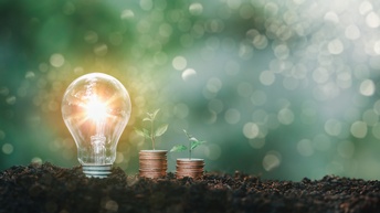 Glühbirne mit hellem Schein wächst aus dem Boden heraus sowie zwei Stapel von Münzen aus denen eine Pflanze herauswächst, im Hintergrund ein grünes Bokeh