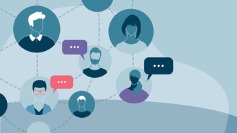 Illustration in Blautönen: Mehrere Icons von Personen in Kreisen mit Linien verbunden