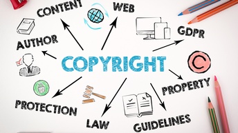 Vektor-Illustration eines weißen Hintergrunds. In der Mitte steht in blauer Schrift Copyright. Davon gehen acht schwarze Striche weg. Jeder Striche führt zu einem weiteren Wort, zum Beispiel Web, Author, Protection, Law, guidelines, property, gdpr, web