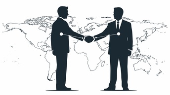 Grafik mit zwei Männern vor einer Weltkarte, die sich die Hand geben