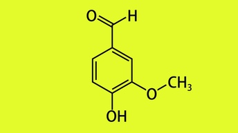 chemische Strukturformel von Vanillin auf gelbem Hintergrund