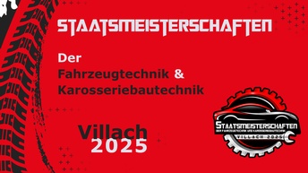 Logo und Schriftzug der Staatsmeisterschaften der Fahrzeugtechnik und Karosseriebautechnik 2025 in Villach. Rotes Design mit Reifenspuren, Zahnradsymbol und stilisierter Karosserie.