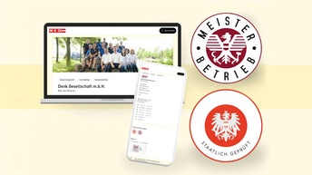 Laptop und Smartphone mit dem WKO Firmen A-Z auf den Displays und die Logos der Gütesiegel Meisterbetrieb und staatlich geprüft