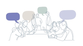 Illustration mehrerer Personen um Tisch sitzend und stehend