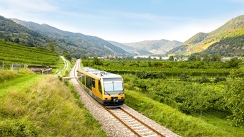 Schienenbahn unterwegs durch eine grüne Wiesen- und Berglandschaft