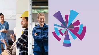 Keyvisual Arbeitskräfteradar, Collage verschiedener Menschen im Job auf lila Hintergrund