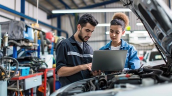 2 Mechaniker:innen stehen an Motorhaube und haben Diagnosegerät angehängt.